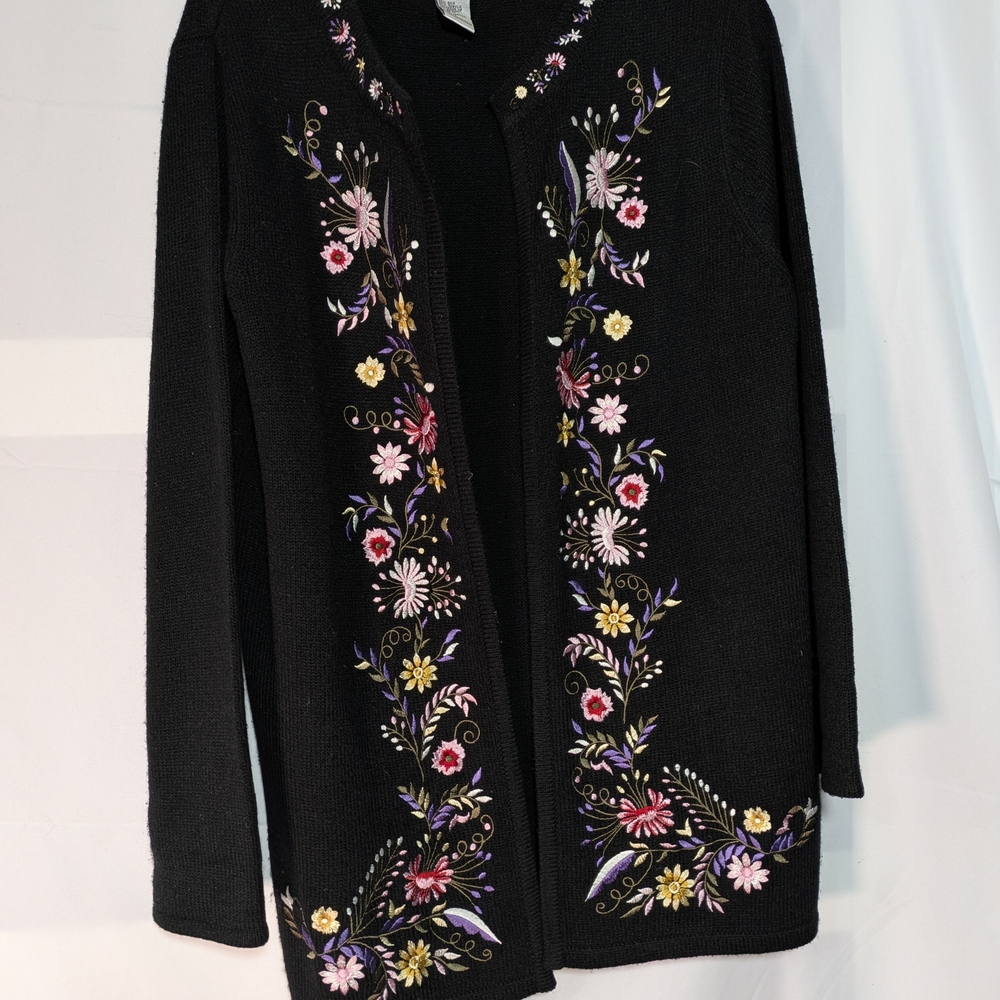 Victor Costa Black Open-Front Cardigan with Multicolor Floral Embroidery